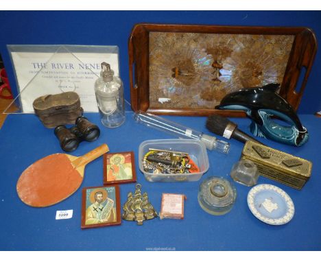 A large box of miscellaneous to include: a fine walnut butterfly wing tray, small icons, boxed dominoes, a Poole model dolphi