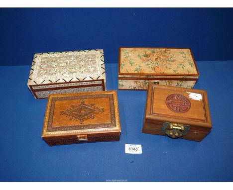 A mother of pearl covered Box lined in red 8" long, an Italian jewellery box covered in velvet with key , 8" long, a gilt too
