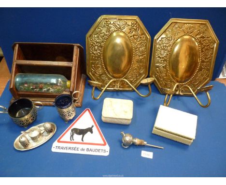 A quantity of miscellanea to include: a pair of brass wall sconces, 10 1/2" x 12 1/2", an e.p.n.s. glass-lined preserve pot a
