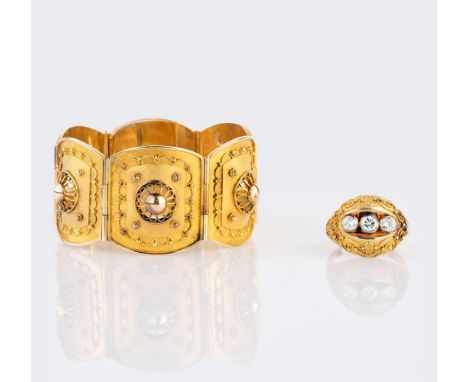 Filigran Schmuckset: Armband und Brillant-Ring. Domgoldschmiede zu Meldorf. 14 kt. GG, gest., ziseliert und poliert, MZ: Möll