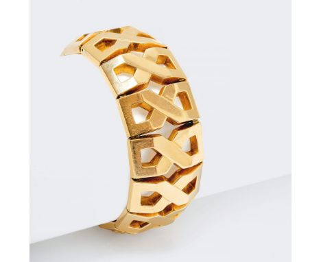 Vintage Gold-Armband. 18 kt. GG, gest., MZ: bekröntes K. Breite, verschlungene Glieder leicht hoch gebogter Form. Wenige Gebr