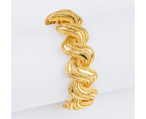 Vintage Gold-Armband. 18 kt.GG, poliert und reliefiert, Sicherheitsbügel gest. Beweglich montierte, wellenförmige Armbandglie