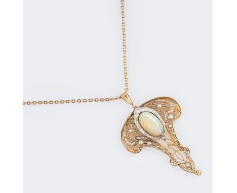 Art-Nouveau Opal-Diamant-Anhänger mit Naturperlen an Kette 'Fleur de Trompette'. Um 1900. 14 kt. Roségold mit Platin, Kette 3