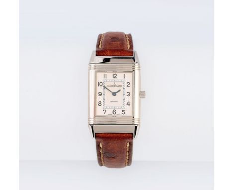 Jaeger-LeCoultre. Damen-Armbanduhr 'Reverso'. Edelstahl,Quarz. wenige Tragespuren. Mattiertes Zifferblatt, schwarze arab. Zif