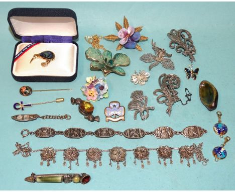 An Iona-style silver bracelet by Ward Bros, a silver Celtic brooch set yellow paste, a filigree fringe necklace, coins and ot