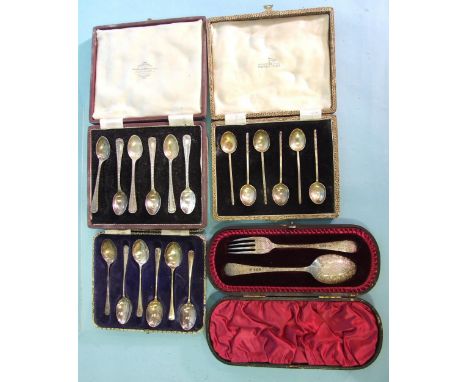 A late-Victorian cased silver christening set of a spoon and fork with etched floral decoration, Sheffield 1892/93, maker Atk