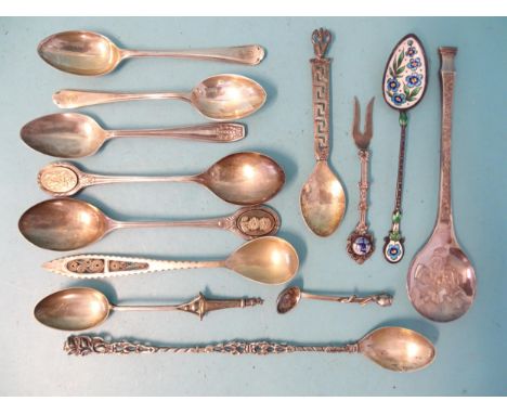 A Plymouth souvenir silver coffee spoon with Eddystone lighthouse finial, seven other silver spoons, ___4.5oz and five foreig