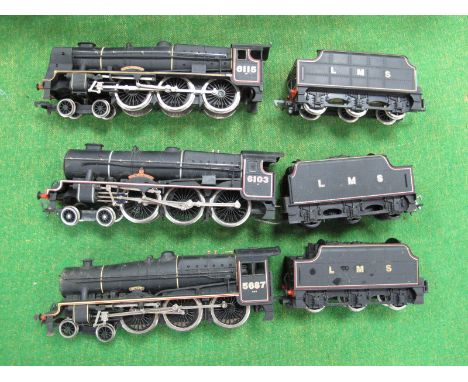 Three "OO"Gauge/4mm Unboxed 4-6-0 L.M.S Black Steam Locomotives with Six Wheel Tenders, Airfix 6P "Royal Scots Fusilier" R/No