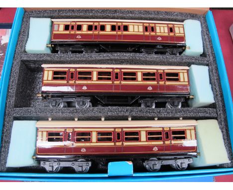 Three Ace Trains 'O' Gauge/7mm Bogie Coaches, in as new boxed condition , hand finished/painted to a very good standard, all 