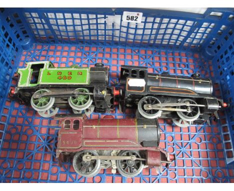 Three Hornby "O"Gauge/7mm Unboxed Clockwork 0-4-0 Steam Locomotives, no keys a type 101 L.N.E.R tank, good paint, spring whee