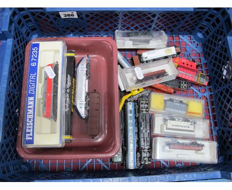 Three 'N' Gauge Locomotives, a boxed Bachmann Ref No. 8317 Class 33 Diesel (with DCC, fixed by blu tak). a cased Fleischmann,