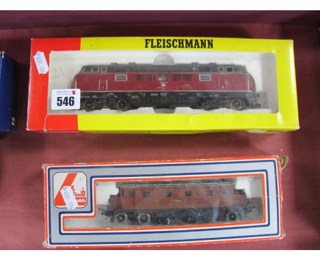 Two "OO"/"HO" Gauge Boxed Locomotives, a Fleischmann Ref No. 4235 Class 221 Bo-Bo Diesel DB Rail, good, missing one coupling,
