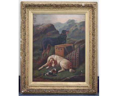 Walter Andrews after Robert Cleminson, two hunting dogs with dead game and wicker basket in Highland landscape, signed bottom