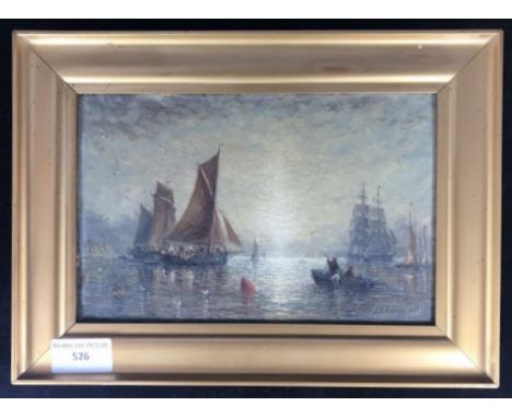 Adolphus Knell (British, fl.1860-1890) Seascape study with fishermen and ships, signed, oil on board, 14 x 22cm 