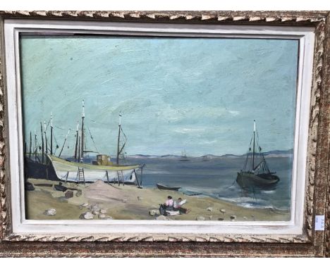 Paulette Helleu (1904-2009) Seascape study with figures on a beach and boats beyond, indistinctly signed, oil on board, 37 x 