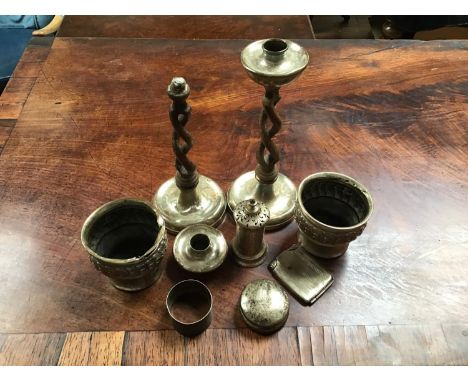 A silver pepper hallmarked London, 1847, maker's mark of John Wilmin Figg, together with two silver beakers, a silver napkin 