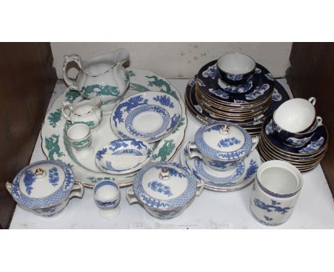 SECTION 8.  A part set of Booths 'Scale Willow' pattern tea wares including three teacups, eight saucers, nine sandwich plate