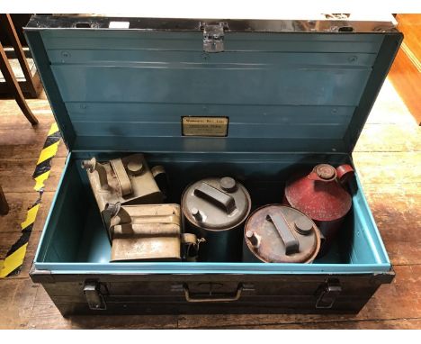 A metal steamer trunk with cyan coloured interior made by SW Bullas &amp; Sons, 75cm wide, together with five various paraffi