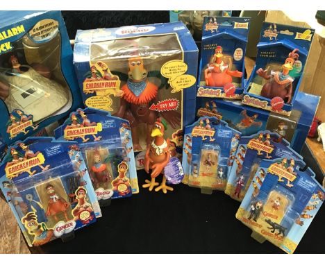 A quantity of Playmates Chicken Run toys including an interactive Rockin' Rocky, Ginger's Chickenpult, Talking Alarm Clock, R