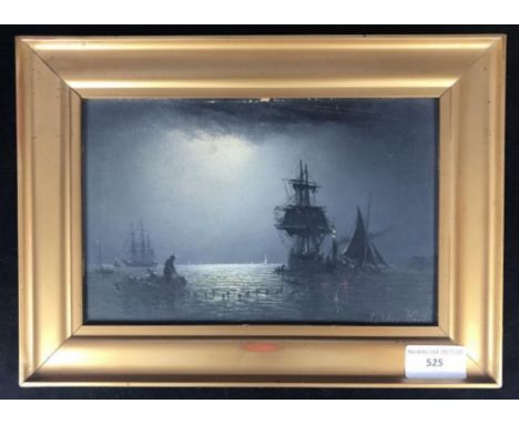 Adolphus Knell (British, fl.1860-1890) Nocturnal seascape study with ships and fishermen, signed, oil on board, 14 x 22cm 