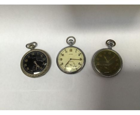Three various military issue pocket watches comprising a Cyma example with white dial, Arabic numerals denoting hours and sub