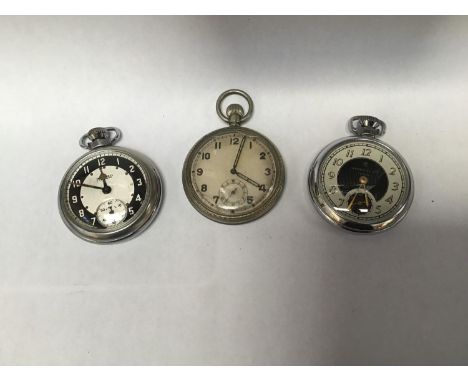 Two stainless steel Ingersoll 'Triumph' pocket watches, both with black and silver dials, Arabic numerals denoting hours, sub