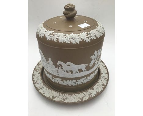 A Wedgwood Jasperware style brown Stilton dish and cover, with oak leaf and acorn border and continuous frieze of a hunting s