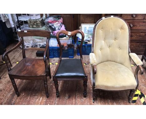 A mahogany carver chair and a tub chair with gold fabric, button-back upholstery, together with a standard chair 