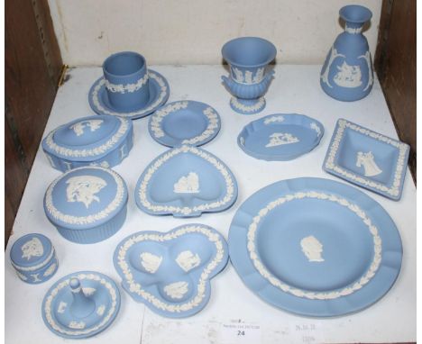 SECTION 24.  Fourteen items of Wedgwood Jasperware including trinket boxes, pin dishes and small vases etc. 