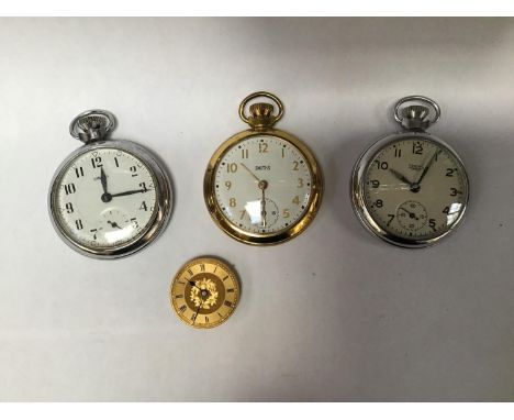 Three Smiths pocket watches comprising two stainless steel cased models and a gold-plated example, each with white enamel dia