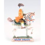 AN 18TH/19TH CENTURY DUTCH DELFT POLYCHROME FIGURE depicting William of Orange on horseback 15.5cm
