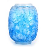 A 20TH CENTURY R. LALIQUE MONNAIE DU PAPE BLUE STAINED GLASS VASE decorated with leaf work - stamped
