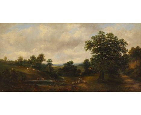 Alfred Vickers (1786-1868)A shepherd and flock in an extensive wooded landscapesigned and dated 'A. Vickers 1859' l.l., oil o