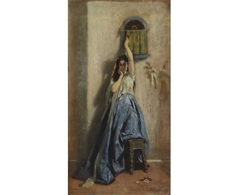 Francesco Saverio Altamura (Italian, 1822-1897)A young woman in a blue dress beneath a devotional painting in an interiorsign