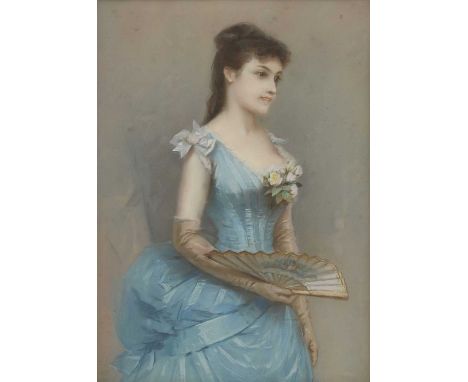 French School, late 19th centuryPortrait of a lady, three-quarter-length, in a blue ballgown and holding a fanpastel36 x 26cm