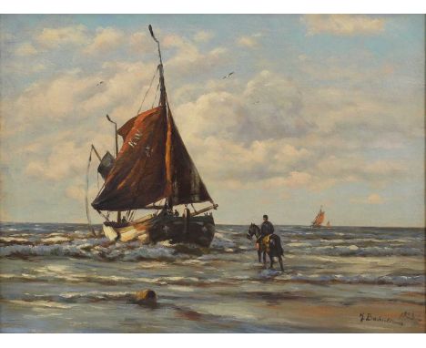 Hermann Bahner (German, 1867-1938)A beach scene with a fishing boat unloading the catch, with a figure on horsebacksigned and