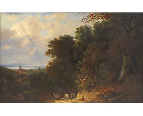 English School, 19th centuryA wooded landscape with a horseman in the foreground, a coastal village beyondoil on canvas51 x 7