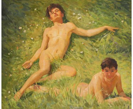 Anatoliy Demenko (Ukrainian, b.1979)'Frolicking in the Field'signed 'Demenko' l.c., also signed, inscribed in Cyrillic and da