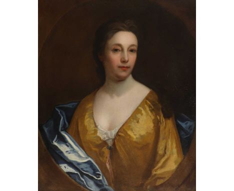 Circle of Jonathan Richardson (1667-1745)Portrait of a lady, half-length, in a gold dress and blue wrapbears initials 'TH' l.