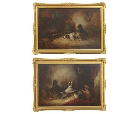J... D... Morris (19th century)Dogs ratting in a barn;Dogs in a cottage interiora pair, signed 'J. D. Morris' l.r., oil on ca