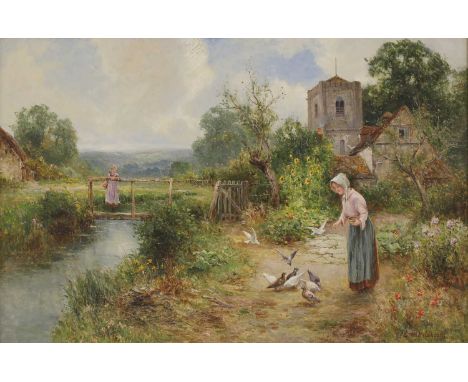 Ernest Charles Walbourn (1872-1927)A young woman feeding birds beside a stream, a church and cottage beyondsigned 'Ernest Wal