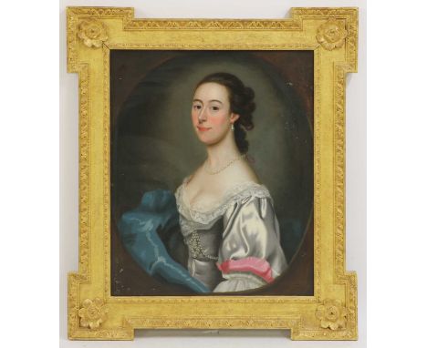 Attributed to Henry Pickering (fl.1740-1770)Portrait of a lady, half-length, in a lace-trimmed grey dress and blue wrapoil on