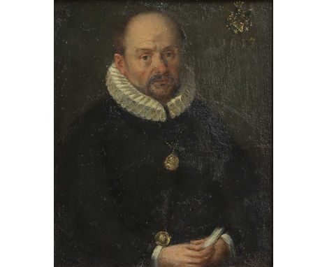Dutch School, 17th centuryPortrait of gentleman, half-length, in a black coat, holding a letter dated '1617' u.r., oil on cop