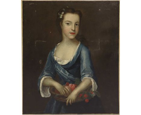 English School, c.1730Portrait of a young lady, three-quarter-length standing, in a blue dress and holding a basket of flower