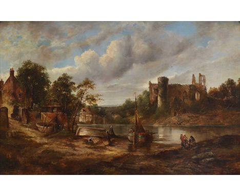 English School, 19th centuryA river landscape with figures and a boat in the foreground, a ruined castle beyondoil on canvas9