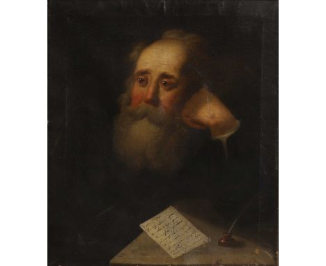 English School, 18th centuryPortrait of a bearded man, half-length, seated at a writing table, with a letter and quill penoil