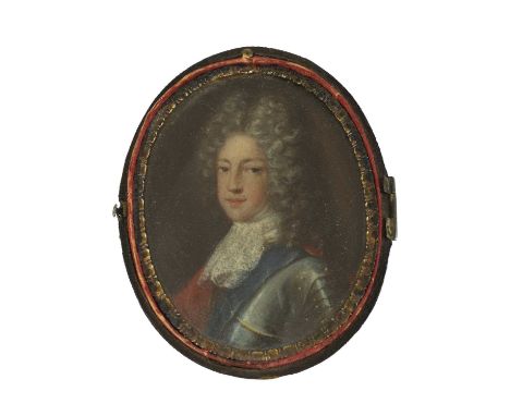 After Alexis Simon Belle Portrait of James Francis Edward Stuart, the Old Pretender, bust-length in armour oil on metal, oval