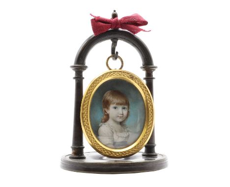 English School, c.1820 Portrait of a young girl, bust-length, in a white dress with blue sash miniature on ivory, oval 6 x 4.