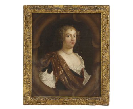 Circle of Sir Peter Lely (1618-1680)Portrait of a lady, half-length, in a white chemise and embroidered brown wrap, in a pain