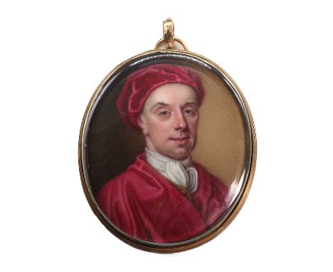 Attributed to Jean André Rouquet (Swiss, 1701-1758)Portrait of a gentleman, bust-length, wearing a red coat and cap miniature